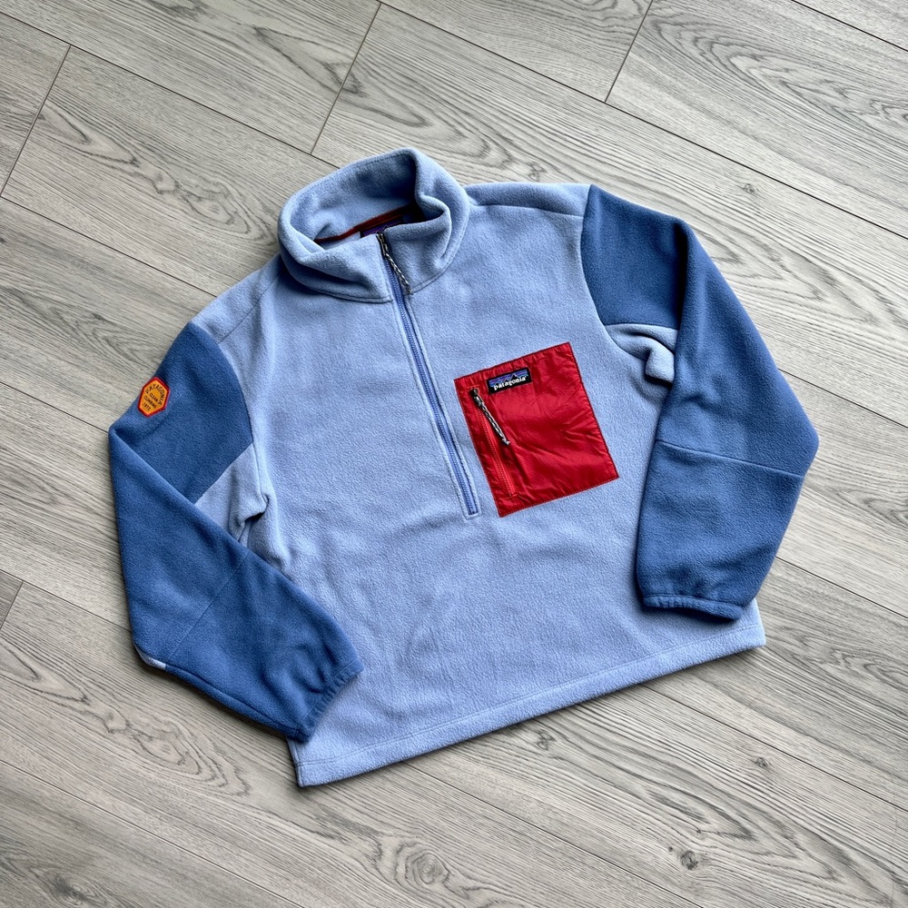 Patagonia Light Blue and Navy Fleece Pullover with Red Chest Pocket